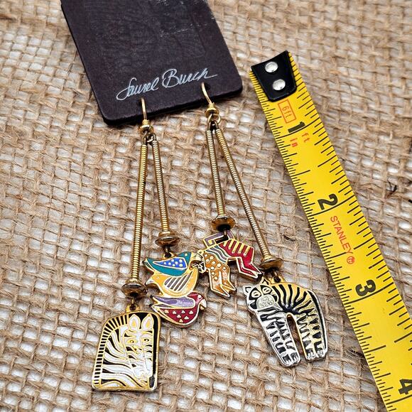 Laurel Burch Vintage Enamel Animal Dangle Earrings Goldtone Zebra Bird Monkey - Picture 4 of 6